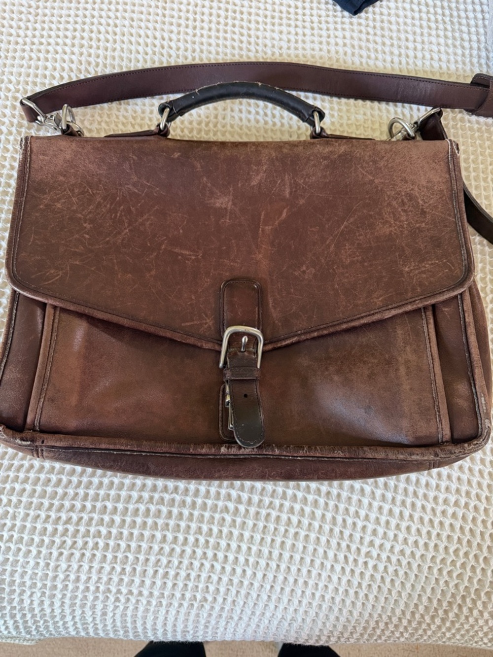 Coach Brown Leather Flap Briefcase with Buckle Strap